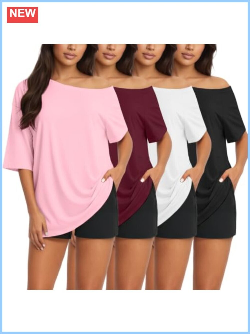 4 Pack Off Shoulder Oversized T-Shirts for Women Soft Stretch